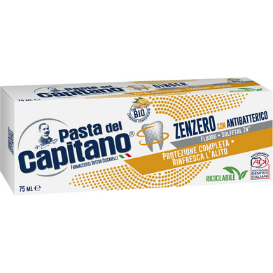 Вугільна зубна паста DEL CAPITANO ZENZERO CON ANTIBATTERICO BIO ZENZERO CERTIFICATO 75 ML