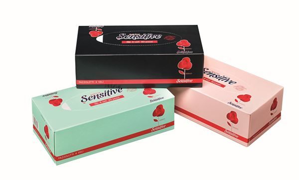 Салфетки бумажные косметические в коробке 4-слойные SENSITIVE FAZZOLETTI VELINE 4 VELI BOX 80 ШТ