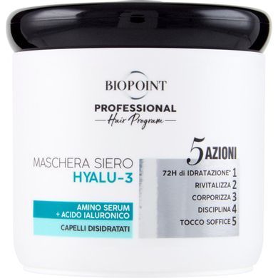Маска для волос BIOPOINT BIOPOINT PROFESSIONAL HYALU-3 СЫВОРОТКА-МАСКА С ГИАЛУРОНОВОЙ КИСЛОТОЙ И ОМЕГА 3 5 ДЕЙСТВИЙ НА СУХИЕ ВОЛОСЫ 400 МЛ