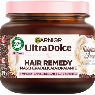 Маска для волос Garnier Ultra Dolce -HAIR REMEDY НЕЖНАЯ УВЛАЖНЯЮЩАЯ МАСКА ДЛЯ ДЕЛИКАТНЫХ ВОЛОС ДЛЯ ЧУВСТВИТЕЛЬНОЙ КОЖИ ГОЛОВЫ 340 МЛ